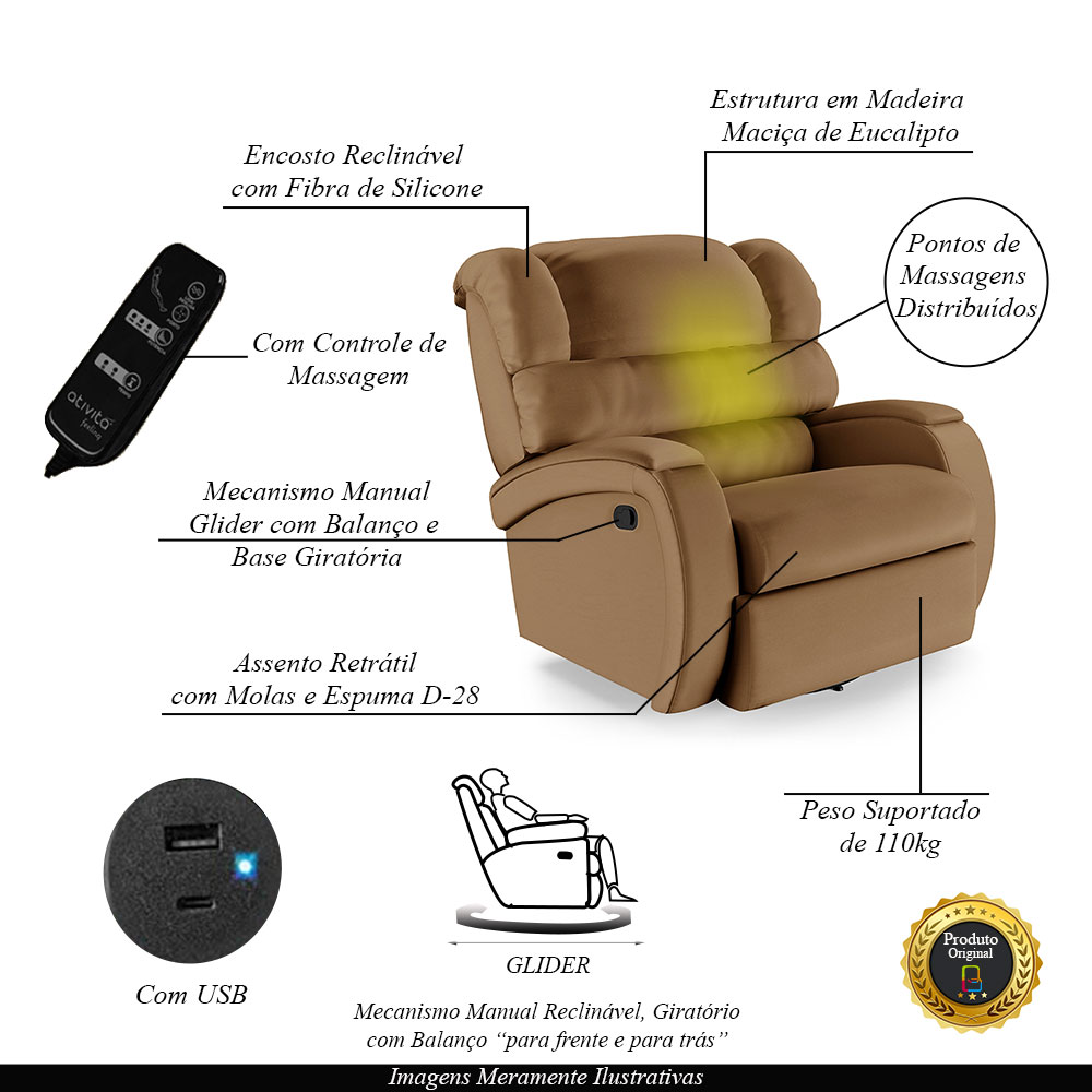 Poltrona do Papai Sala de Cinema Reclinável Kylie Glider Manual Giratória Massagem USB PU Caramelo G23