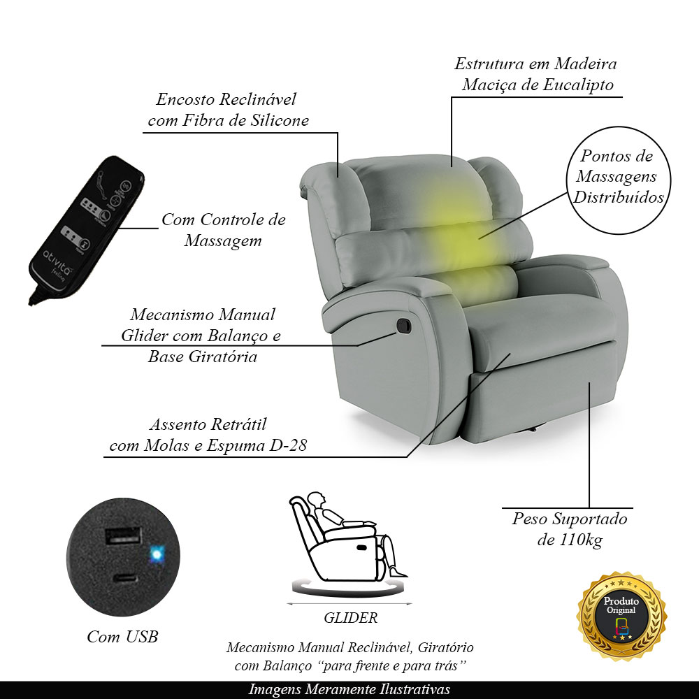 Poltrona do Papai Sala de Cinema Reclinável Kylie Glider Manual Giratória Massagem USB PU Cinza G23