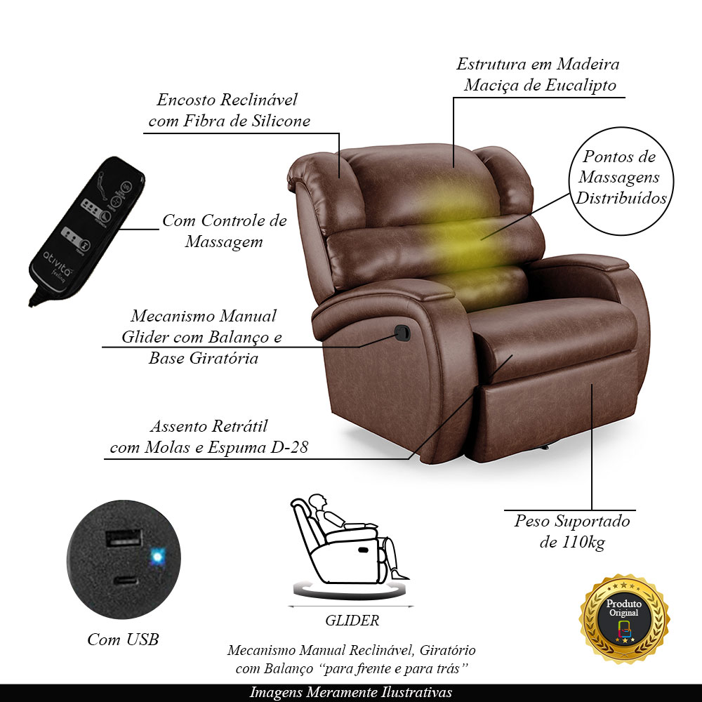 Poltrona do Papai Sala de Cinema Reclinável Kylie Glider Manual Giratória Massagem USB PU Marrom Brilho G23
