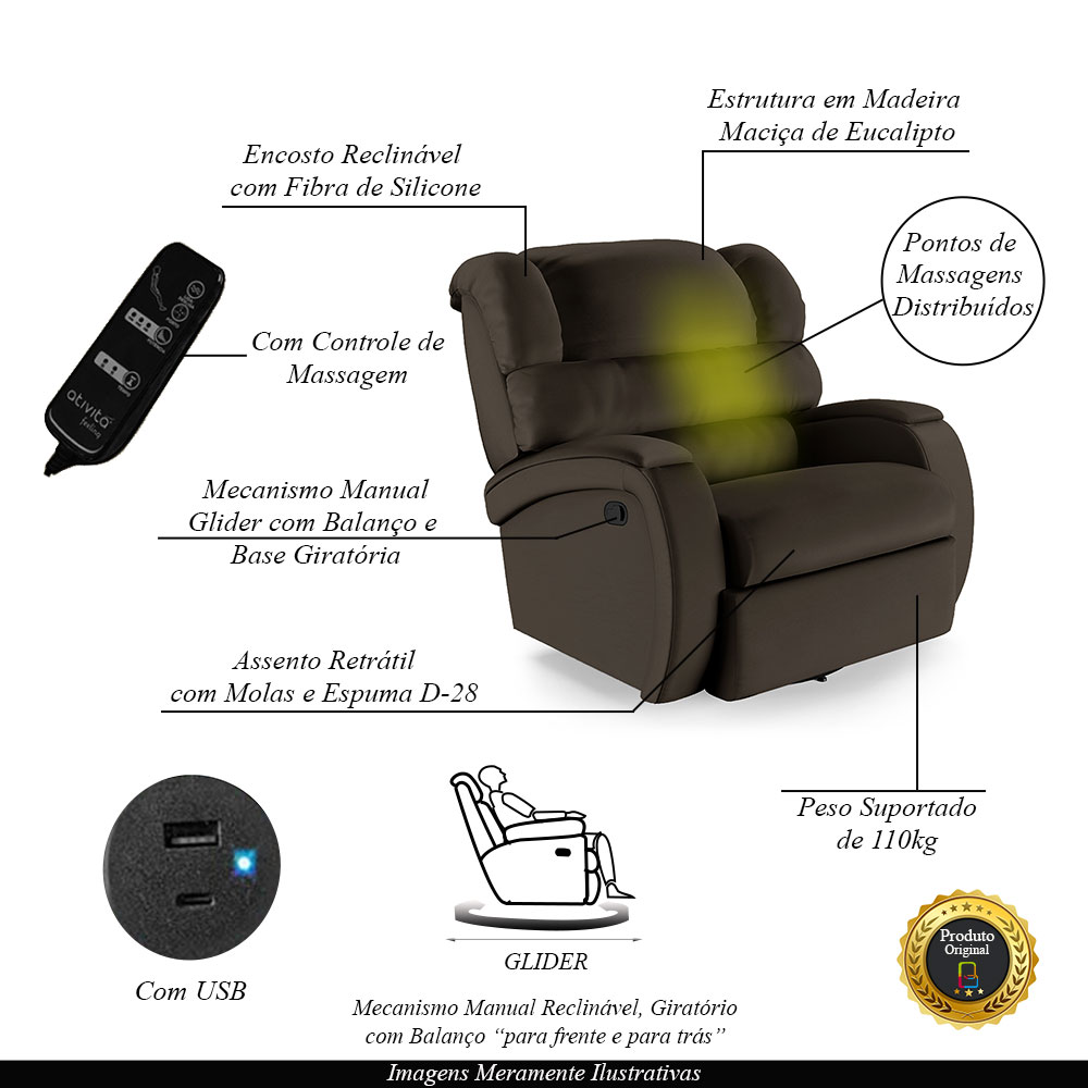 Poltrona do Papai Sala de Cinema Reclinável Kylie Glider Manual Giratória Massagem USB PU Marrom G23