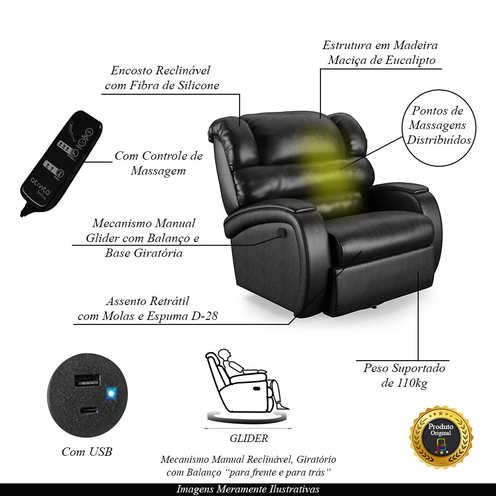 Poltrona do Papai Sala de Cinema Reclinável Kylie Glider Manual Giratória Massagem USB PU Preto Brilho G23