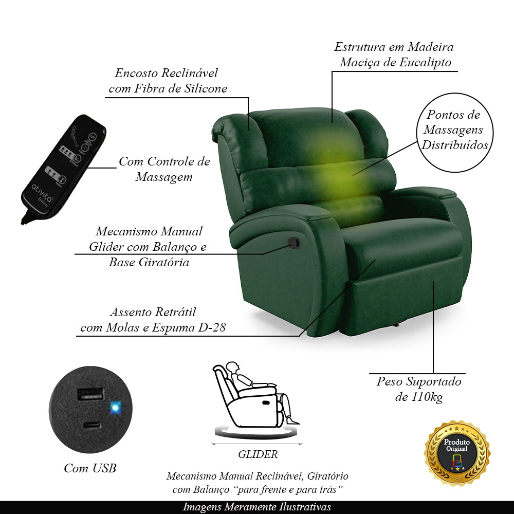 Poltrona do Papai Sala de Cinema Reclinável Kylie Glider Manual Giratória Massagem USB PU Verde Musgo G23