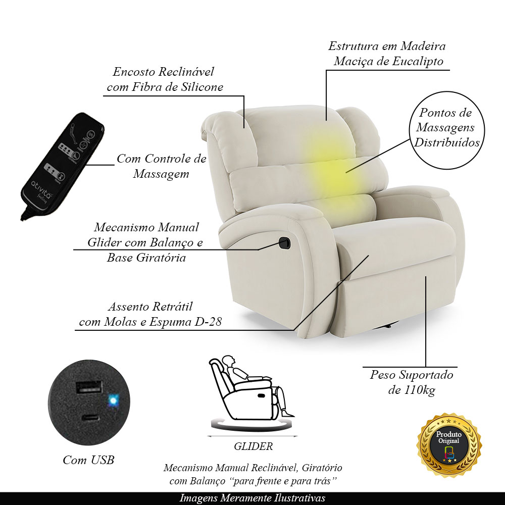 Poltrona do Papai Sala de Cinema Reclinável Kylie Glider Manual Giratória Massagem USB Veludo Bege G23