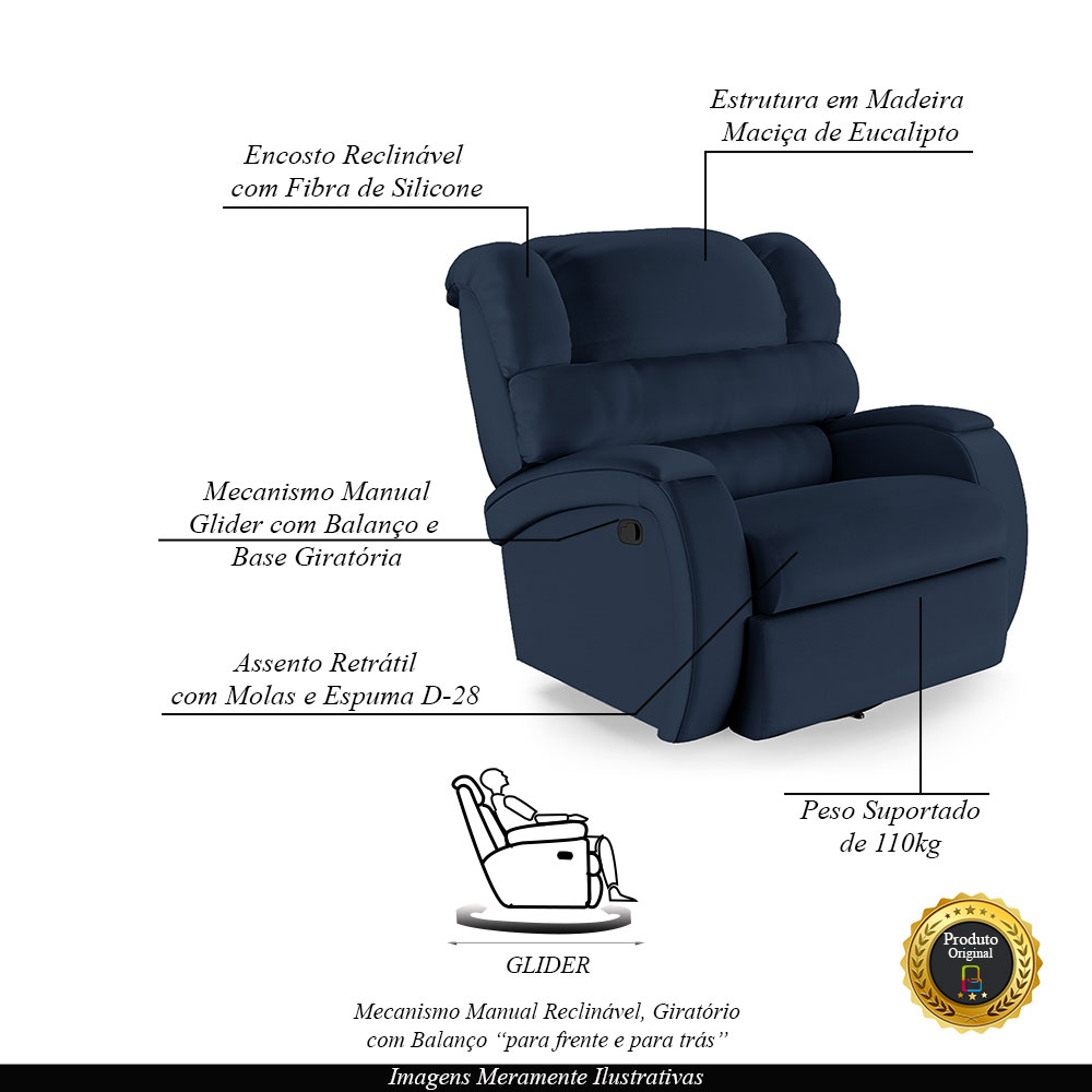 Poltrona do Papai Sala de Cinema Reclinável Kylie Glider Manual Giratória PU Azul G23