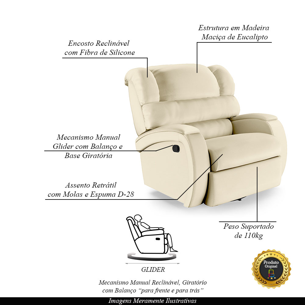 Poltrona do Papai Sala de Cinema Reclinável Kylie Glider Manual Giratória PU Bege G23