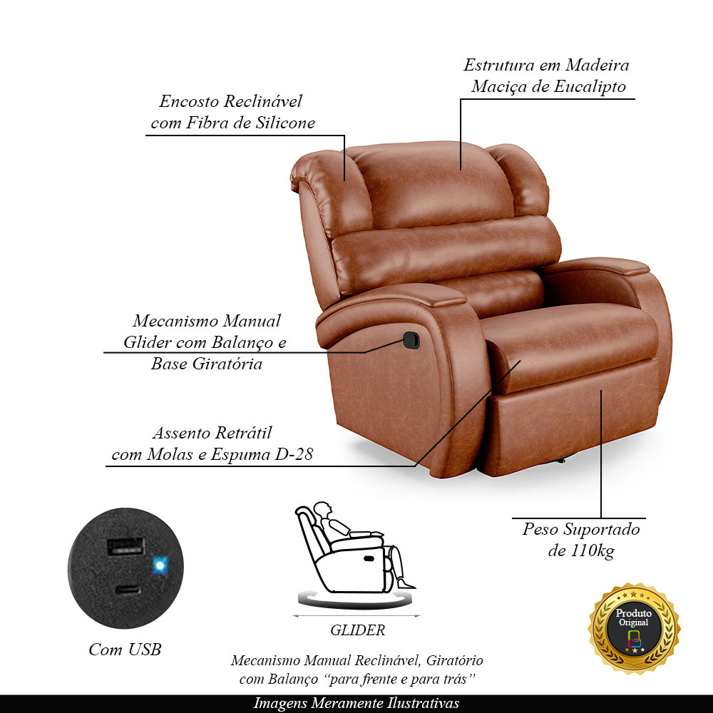 Poltrona do Papai Sala de Cinema Reclinável Kylie Glider Manual Giratória PU Caramelo Brilho G23