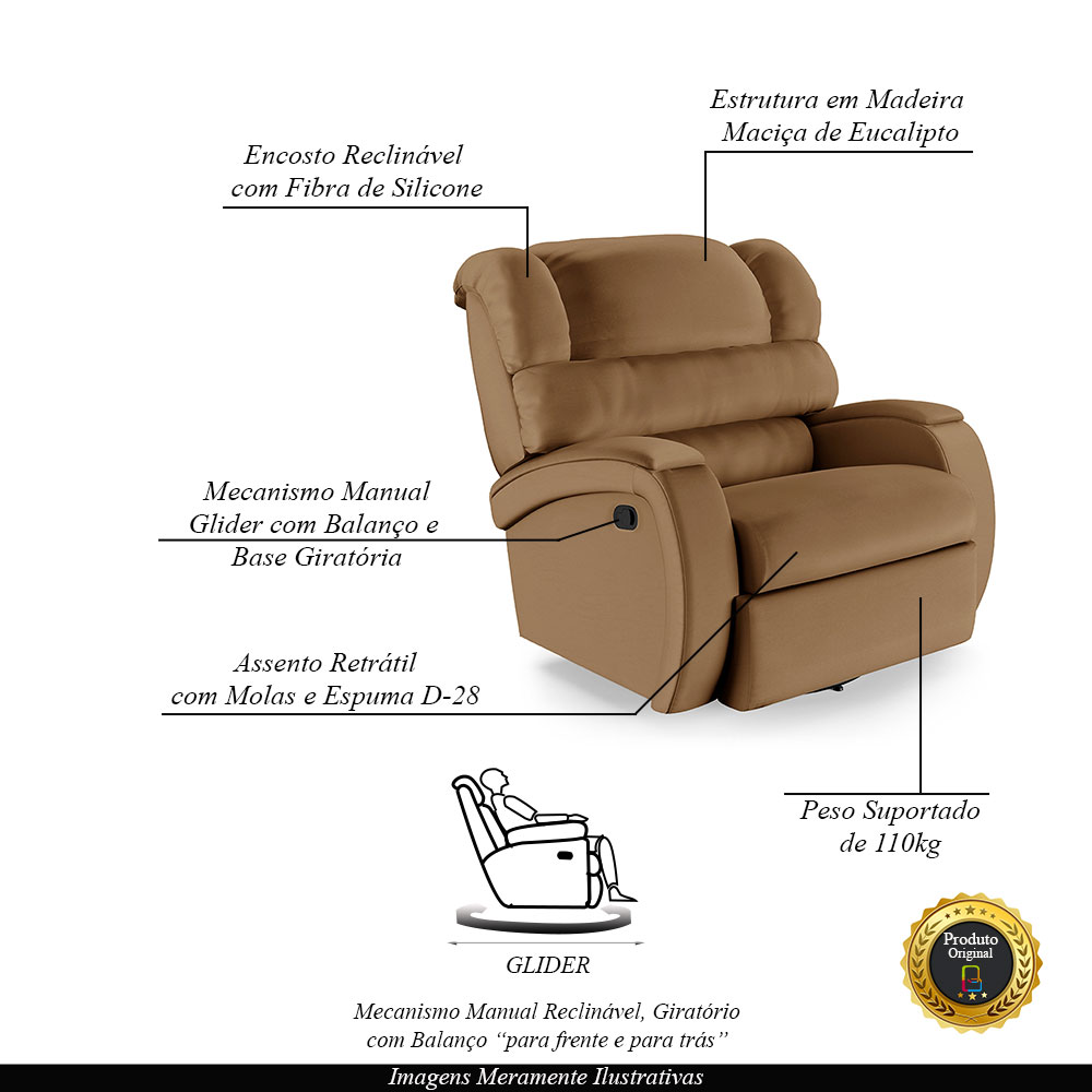 Poltrona do Papai Sala de Cinema Reclinável Kylie Glider Manual Giratória PU Caramelo G23