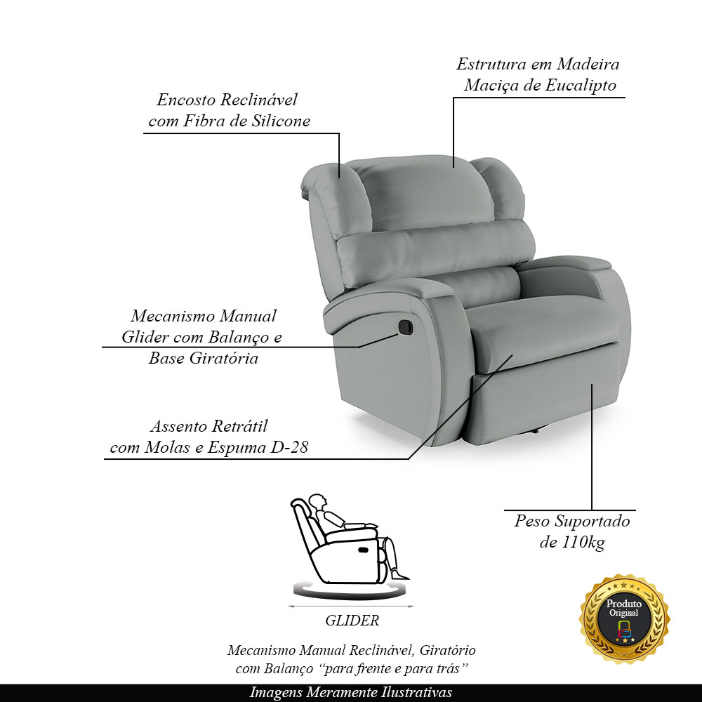 Poltrona do Papai Sala de Cinema Reclinável Kylie Glider Manual Giratória PU Cinza G23