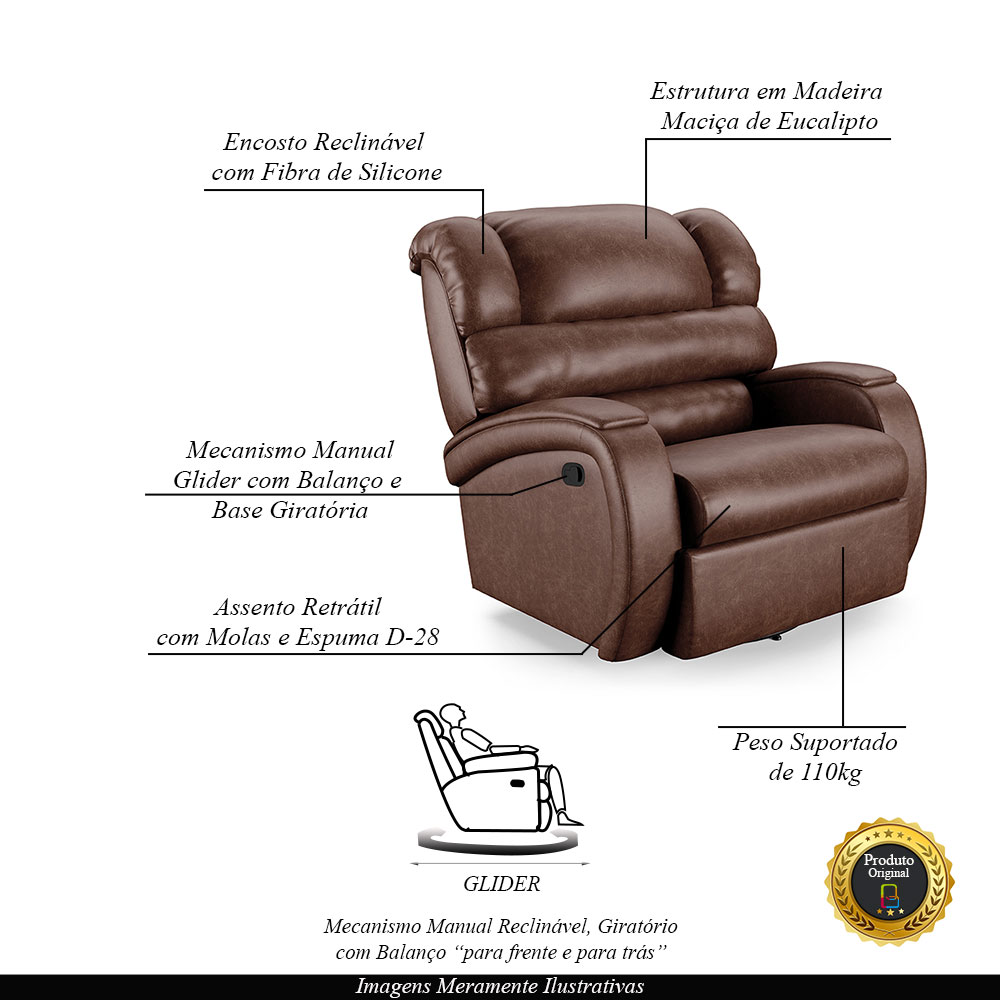 Poltrona do Papai Sala de Cinema Reclinável Kylie Glider Manual Giratória PU Marrom Brilho G23