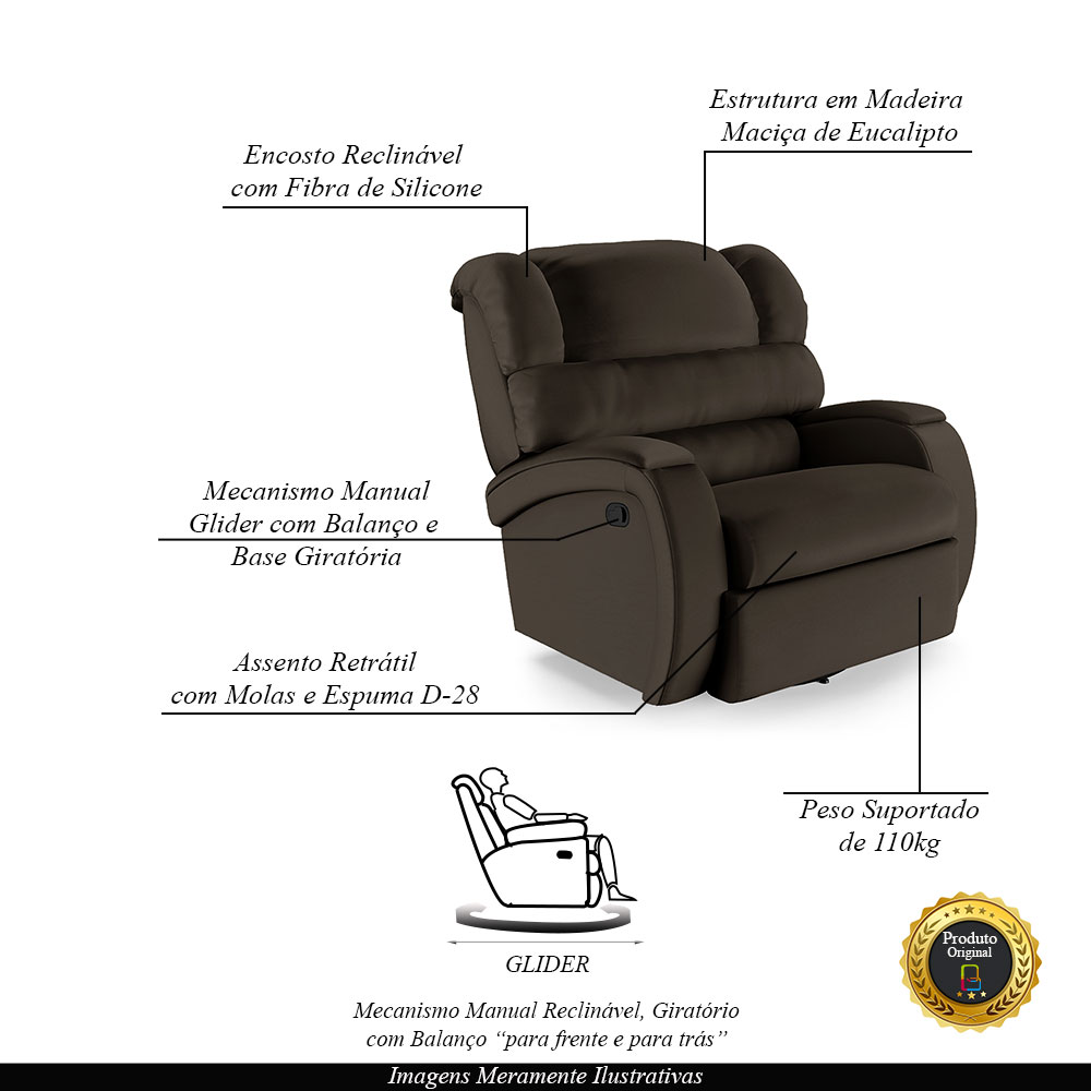 Poltrona do Papai Sala de Cinema Reclinável Kylie Glider Manual Giratória PU Marrom G23