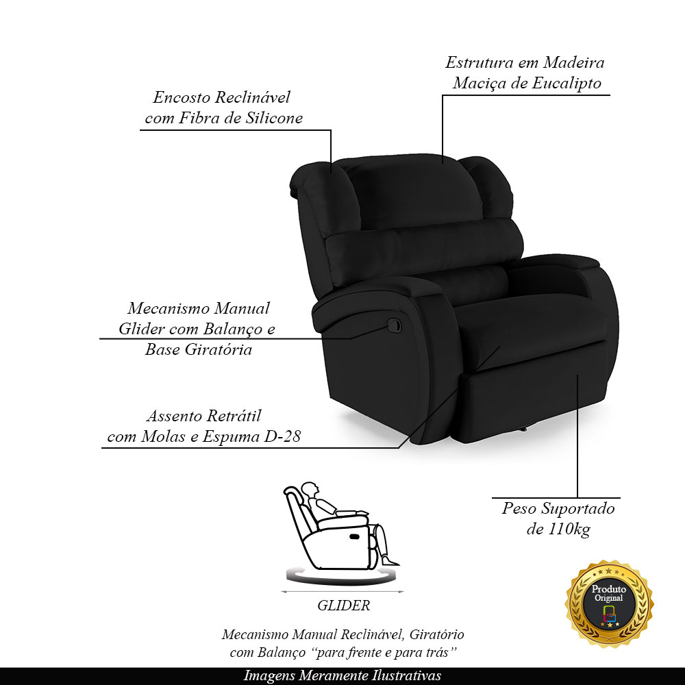 Poltrona do Papai Sala de Cinema Reclinável Kylie Glider Manual Giratória PU Preto G23