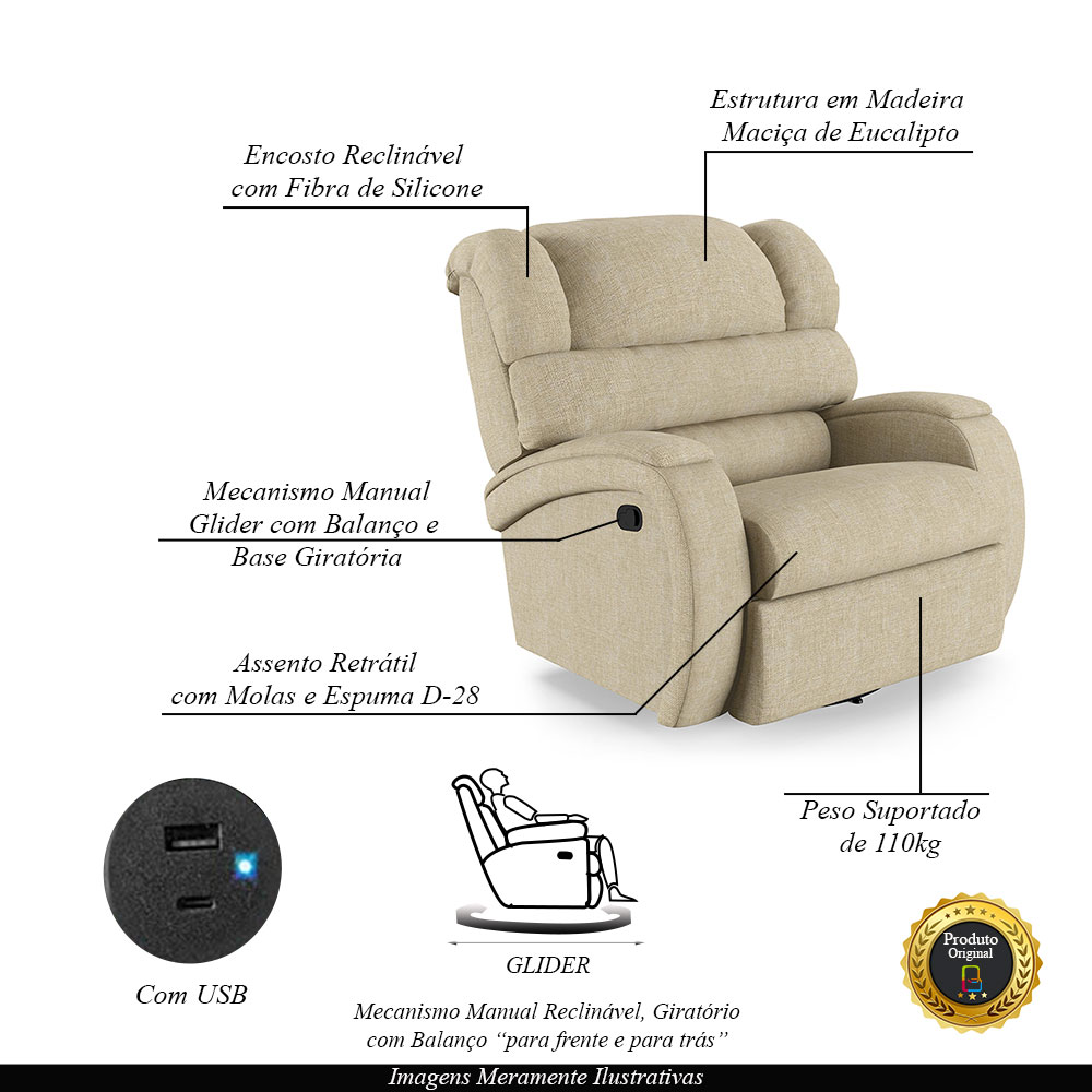 Poltrona do Papai Sala de Cinema Reclinável Kylie Glider Manual Giratória USB Linho Bege G23