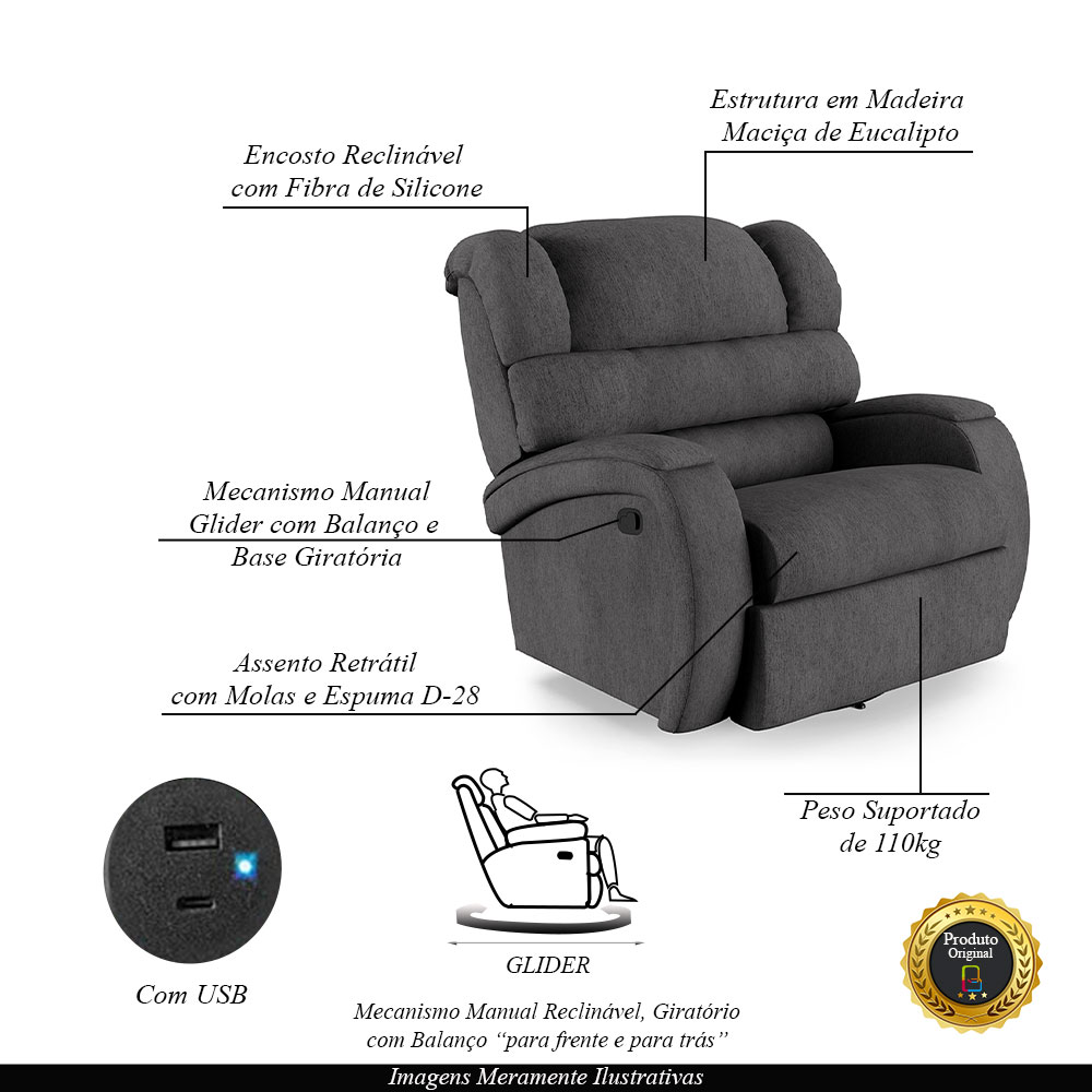 Poltrona do Papai Sala de Cinema Reclinável Kylie Glider Manual Giratória USB Linho Chumbo G23