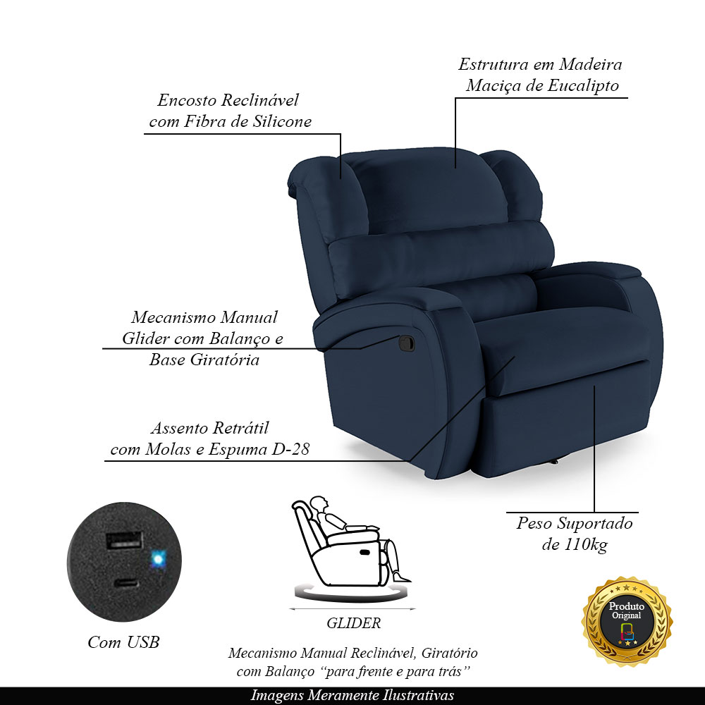 Poltrona do Papai Sala de Cinema Reclinável Kylie Glider Manual Giratória USB PU Azul G23