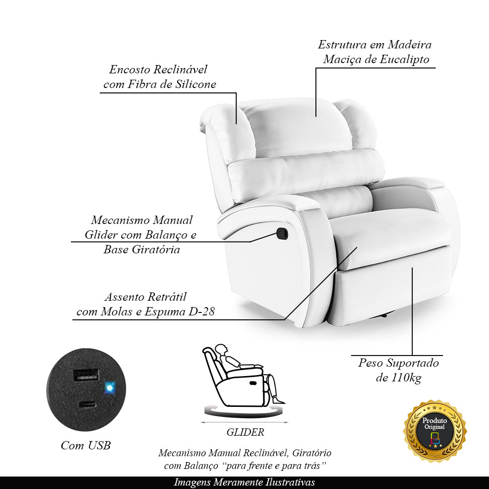 Poltrona do Papai Sala de Cinema Reclinável Kylie Glider Manual Giratória USB PU Branco G23