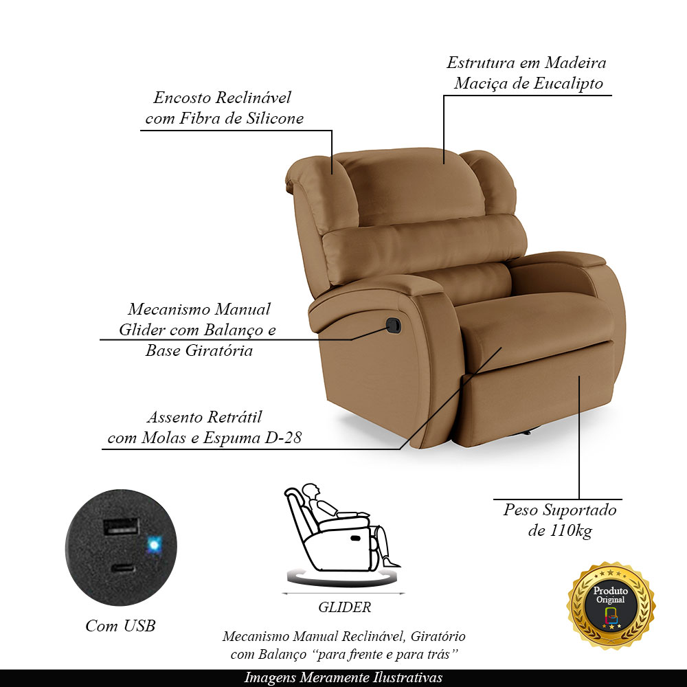 Poltrona do Papai Sala de Cinema Reclinável Kylie Glider Manual Giratória USB PU Caramelo G23