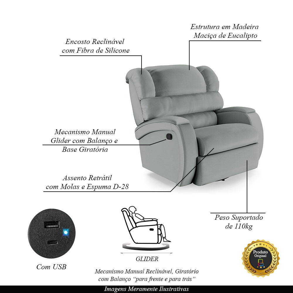 Poltrona do Papai Sala de Cinema Reclinável Kylie Glider Manual Giratória USB PU Cinza G23