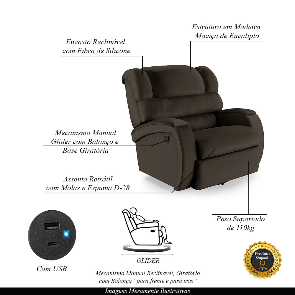 Poltrona do Papai Sala de Cinema Reclinável Kylie Glider Manual Giratória USB PU Marrom G23