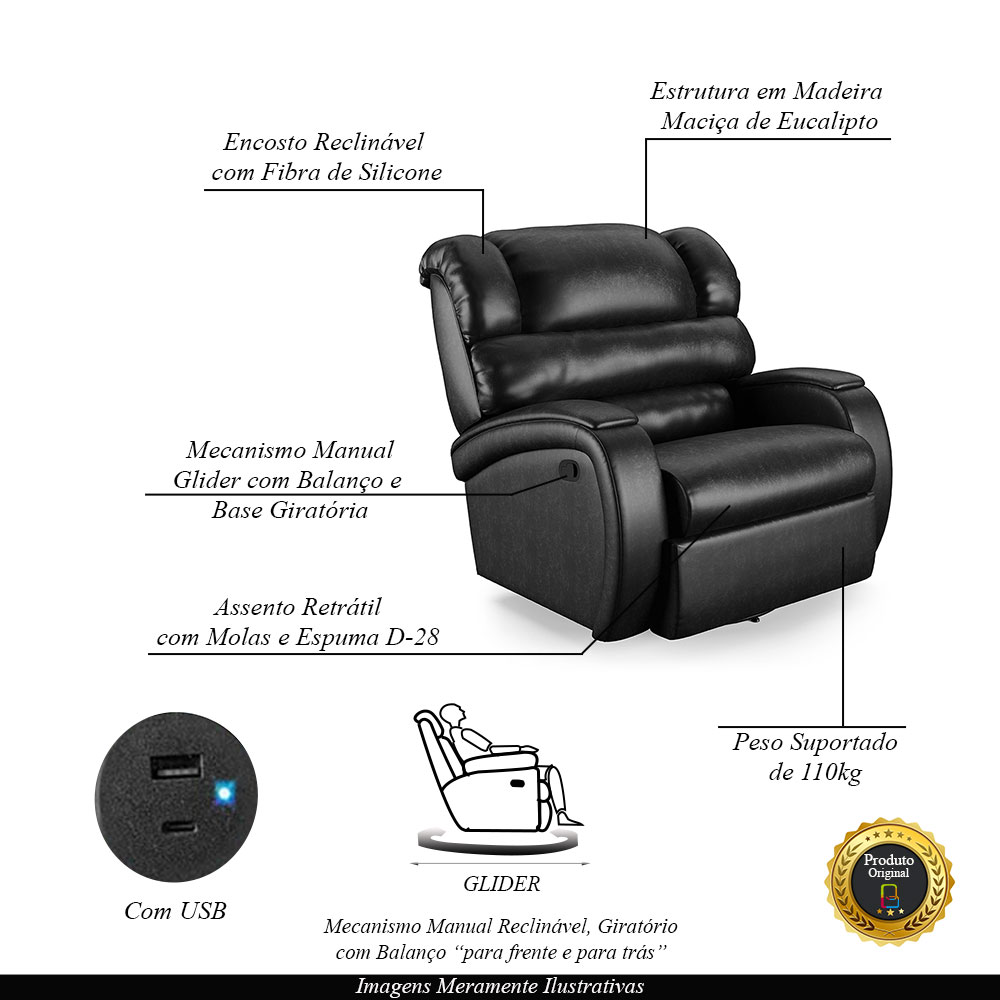 Poltrona do Papai Sala de Cinema Reclinável Kylie Glider Manual Giratória USB PU Preto Brilho G23