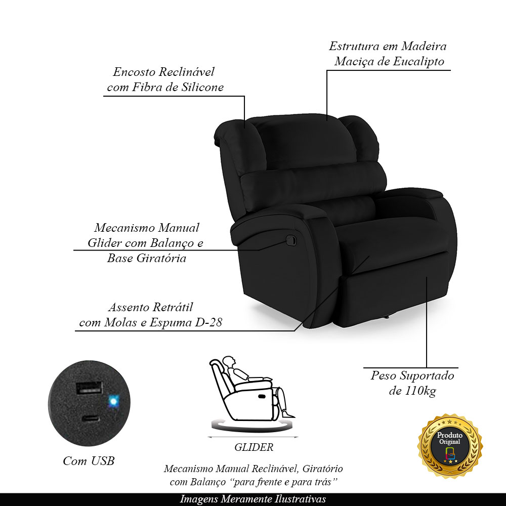 Poltrona do Papai Sala de Cinema Reclinável Kylie Glider Manual Giratória USB PU Preto G23