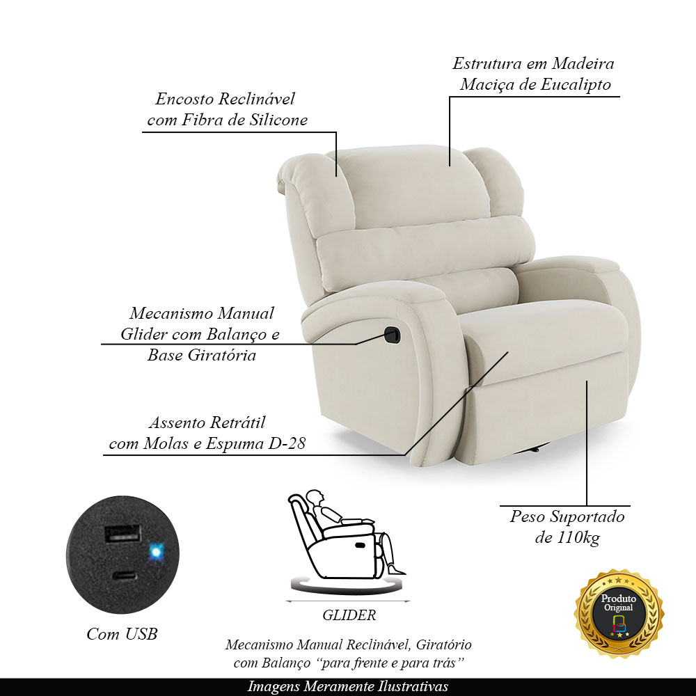 Poltrona do Papai Sala de Cinema Reclinável Kylie Glider Manual Giratória USB Veludo Bege G23