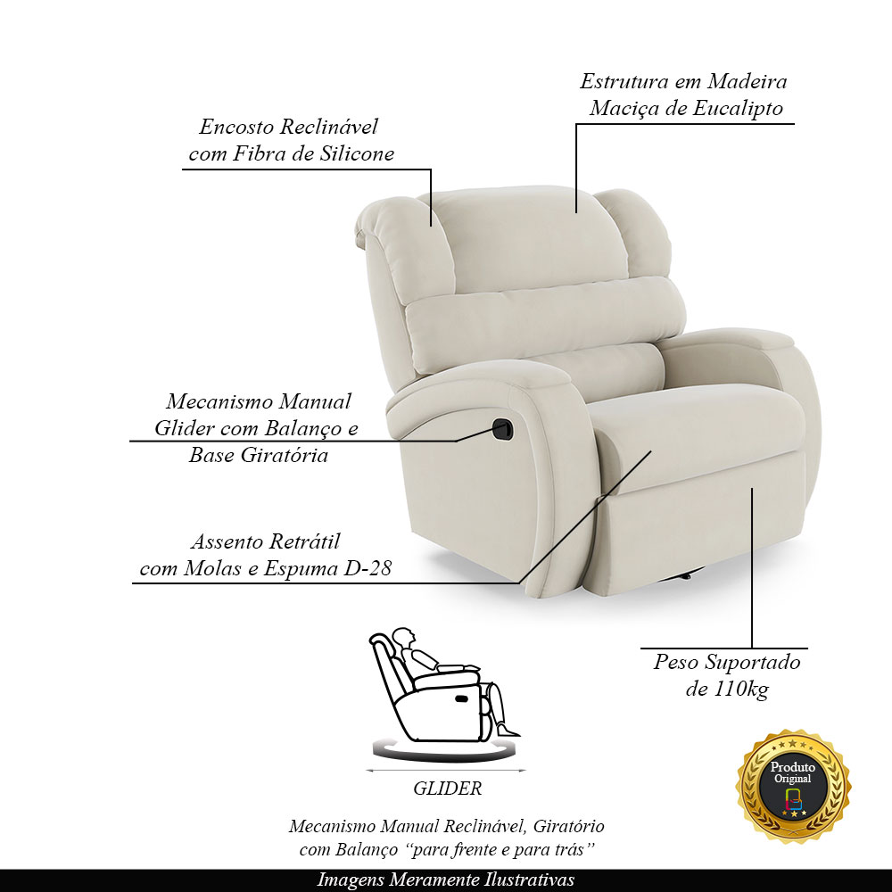 Poltrona do Papai Sala de Cinema Reclinável Kylie Glider Manual Giratória Veludo Bege G23