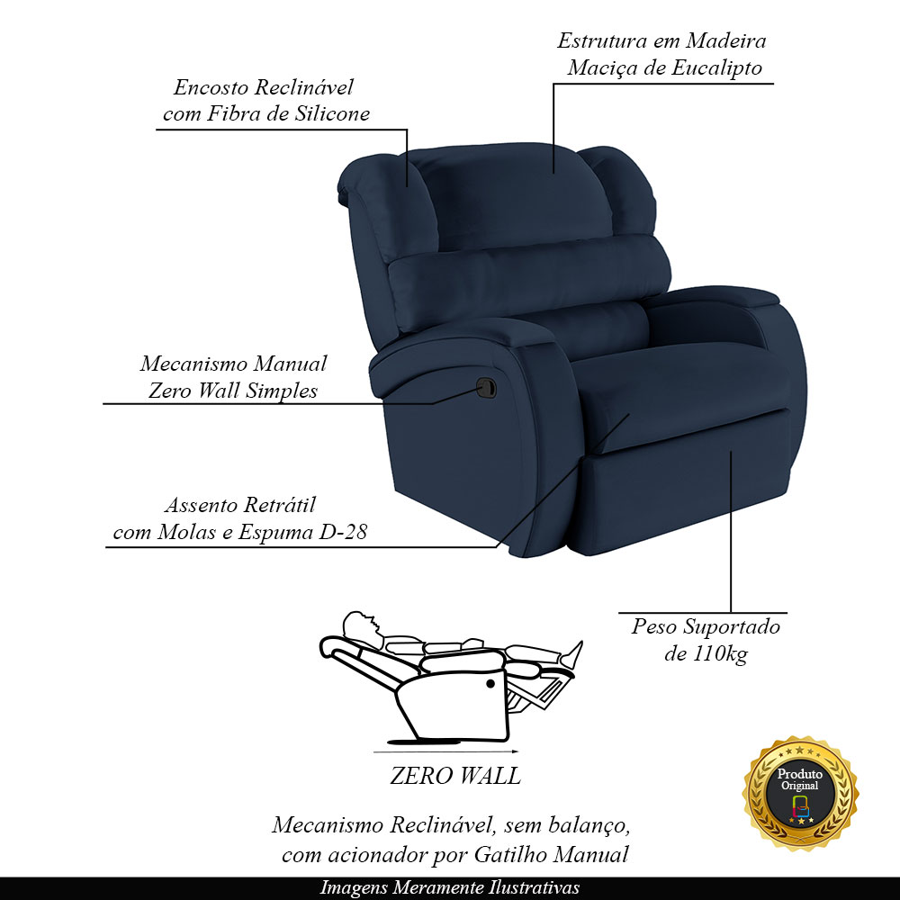 Poltrona do Papai Sala de Cinema Reclinável Kylie Manual PU Azul G23