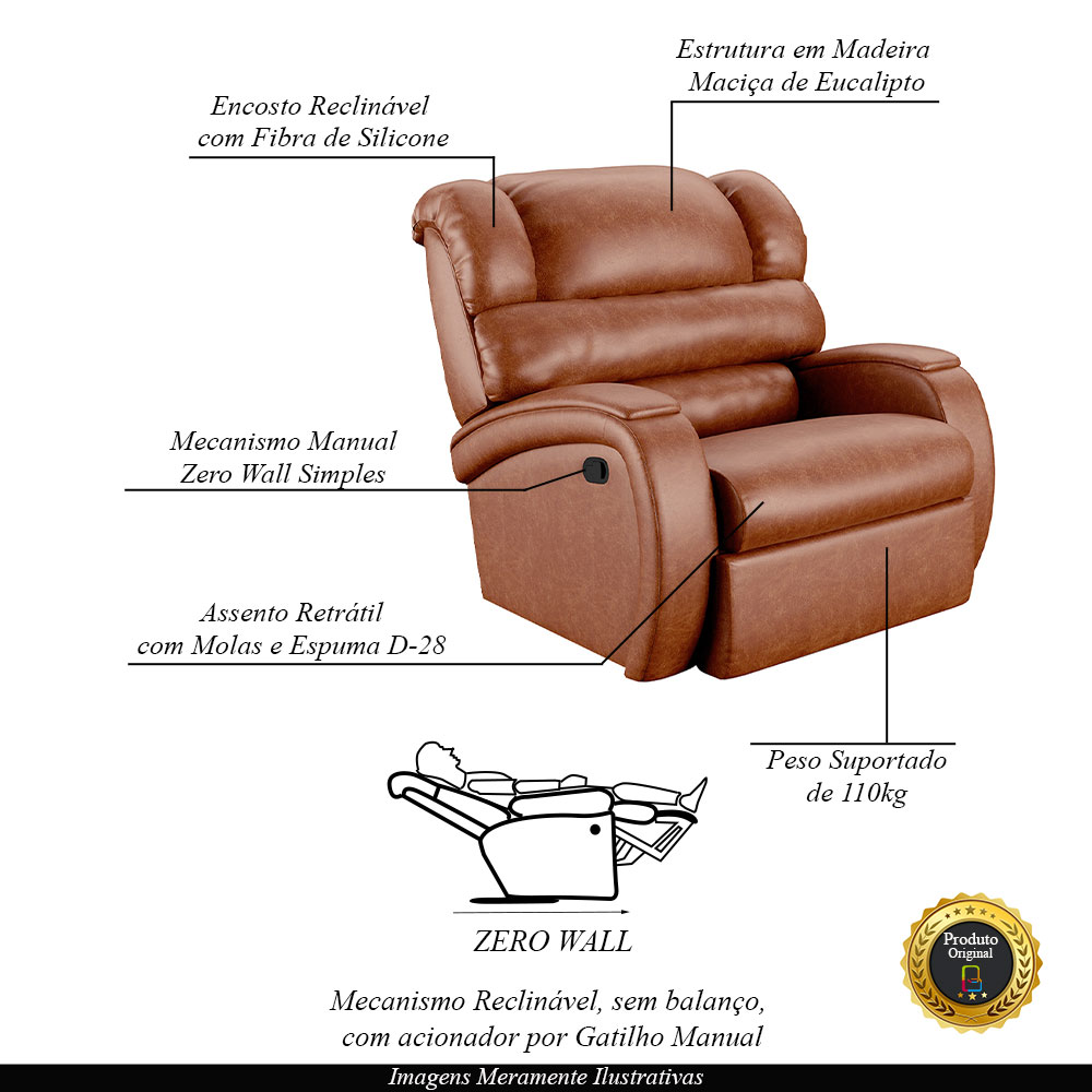 Poltrona do Papai Sala de Cinema Reclinável Kylie Manual PU Caramelo Brilho G23