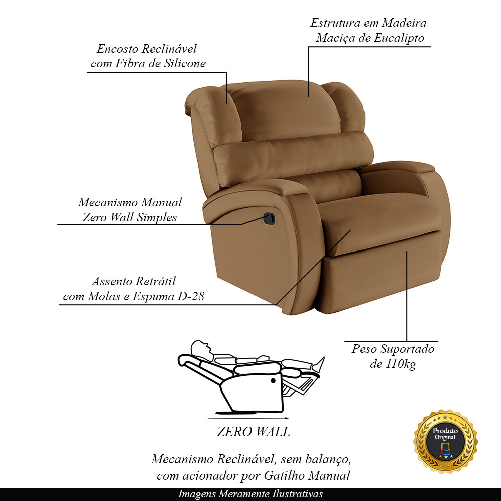 Poltrona do Papai Sala de Cinema Reclinável Kylie Manual PU Caramelo G23