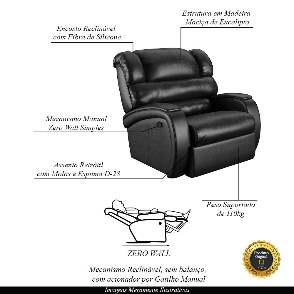 Poltrona do Papai Sala de Cinema Reclinável Kylie Manual PU Preto Brilho G23