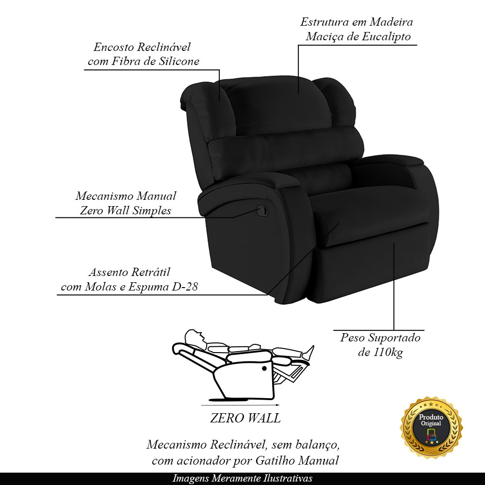 Poltrona do Papai Sala de Cinema Reclinável Kylie Manual PU Preto G23
