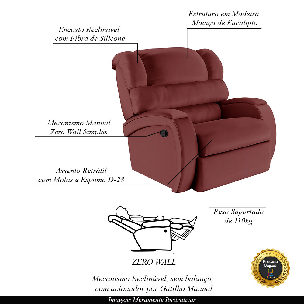 Poltrona do Papai Sala de Cinema Reclinável Kylie Manual PU Vermelho G23