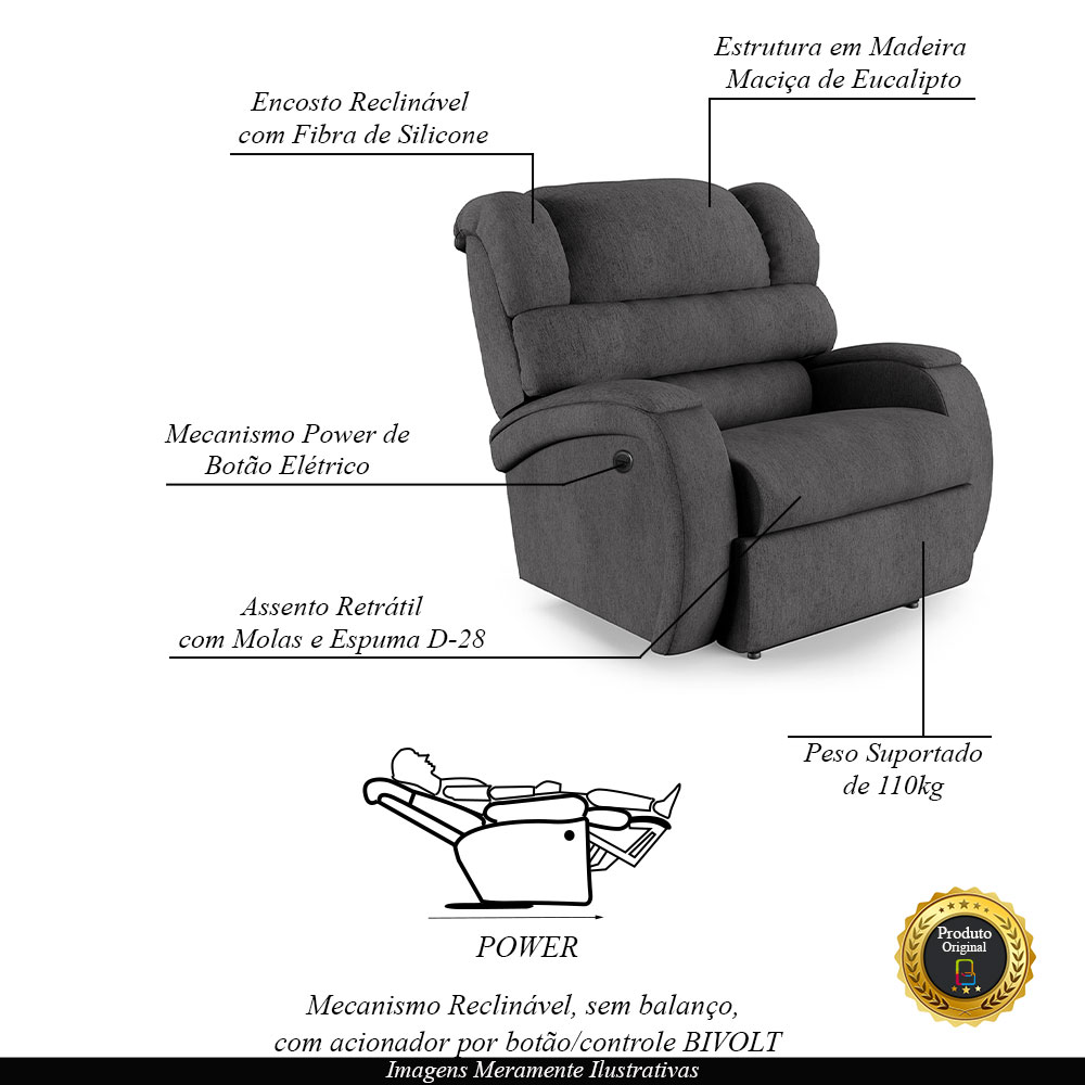 Poltrona do Papai Sala de Cinema Reclinável Kylie Power Elétrica Linho Chumbo G23