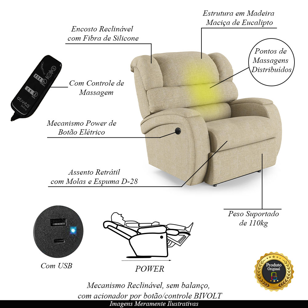 Poltrona do Papai Sala de Cinema Reclinável Kylie Power Elétrica Massagem USB Linho Bege G23