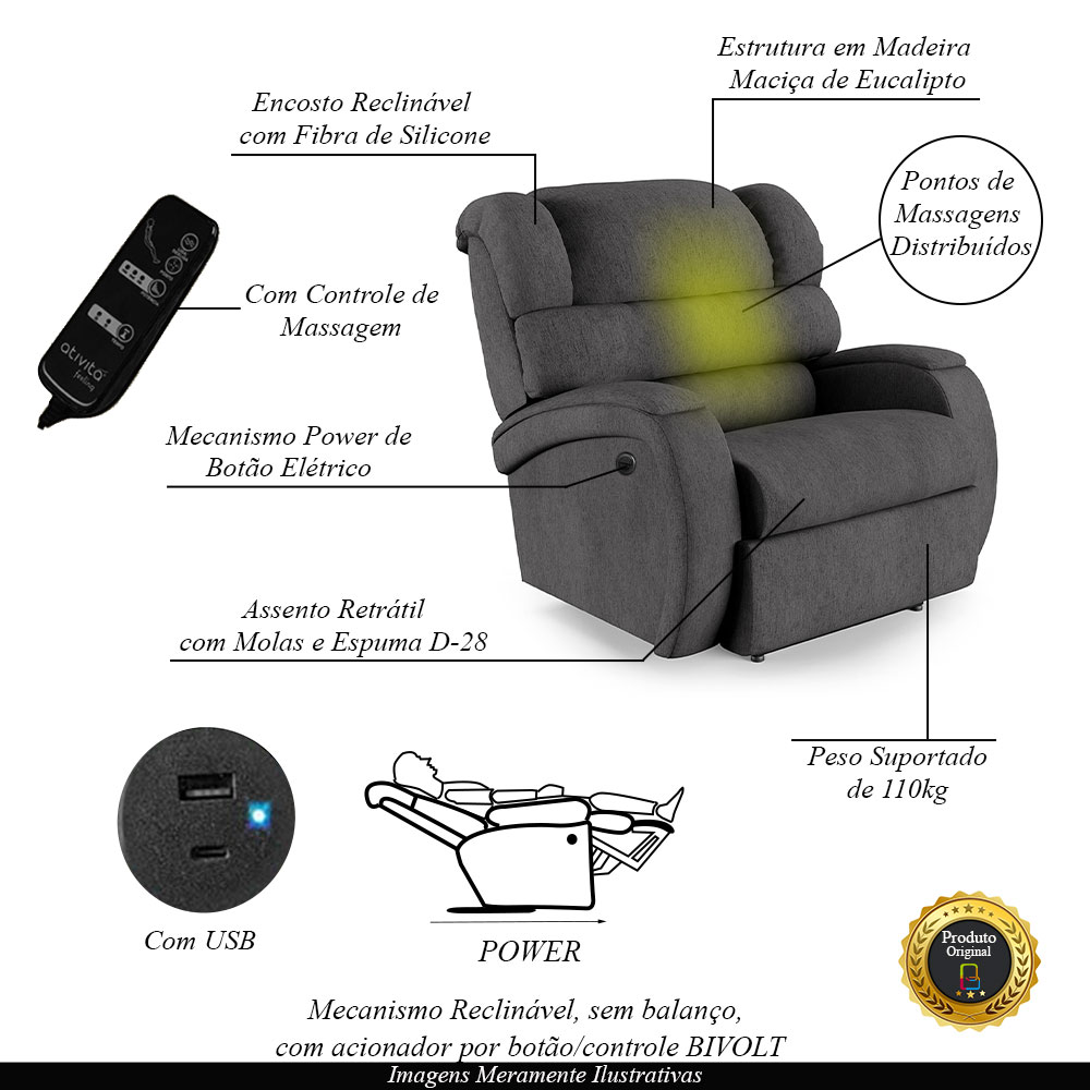 Poltrona do Papai Sala de Cinema Reclinável Kylie Power Elétrica Massagem USB Linho Chumbo G23