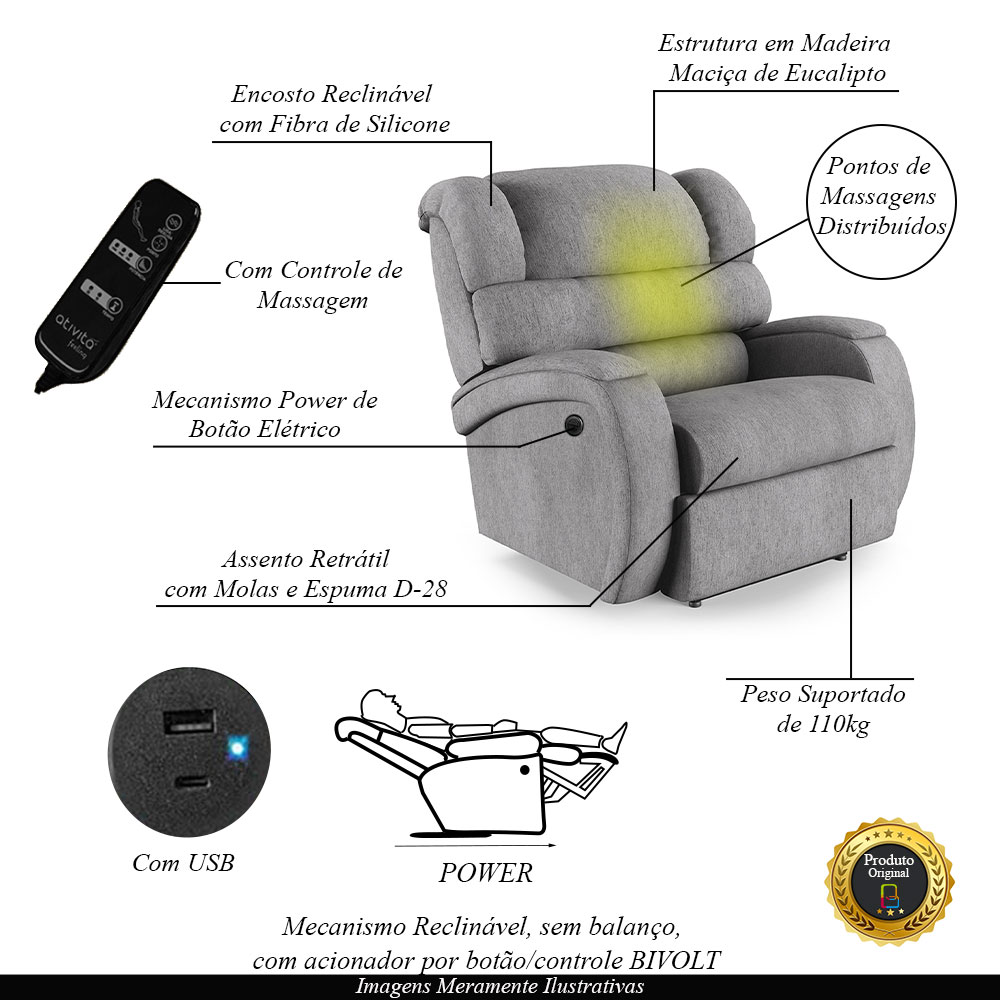 Poltrona do Papai Sala de Cinema Reclinável Kylie Power Elétrica Massagem USB Linho Cinza G23