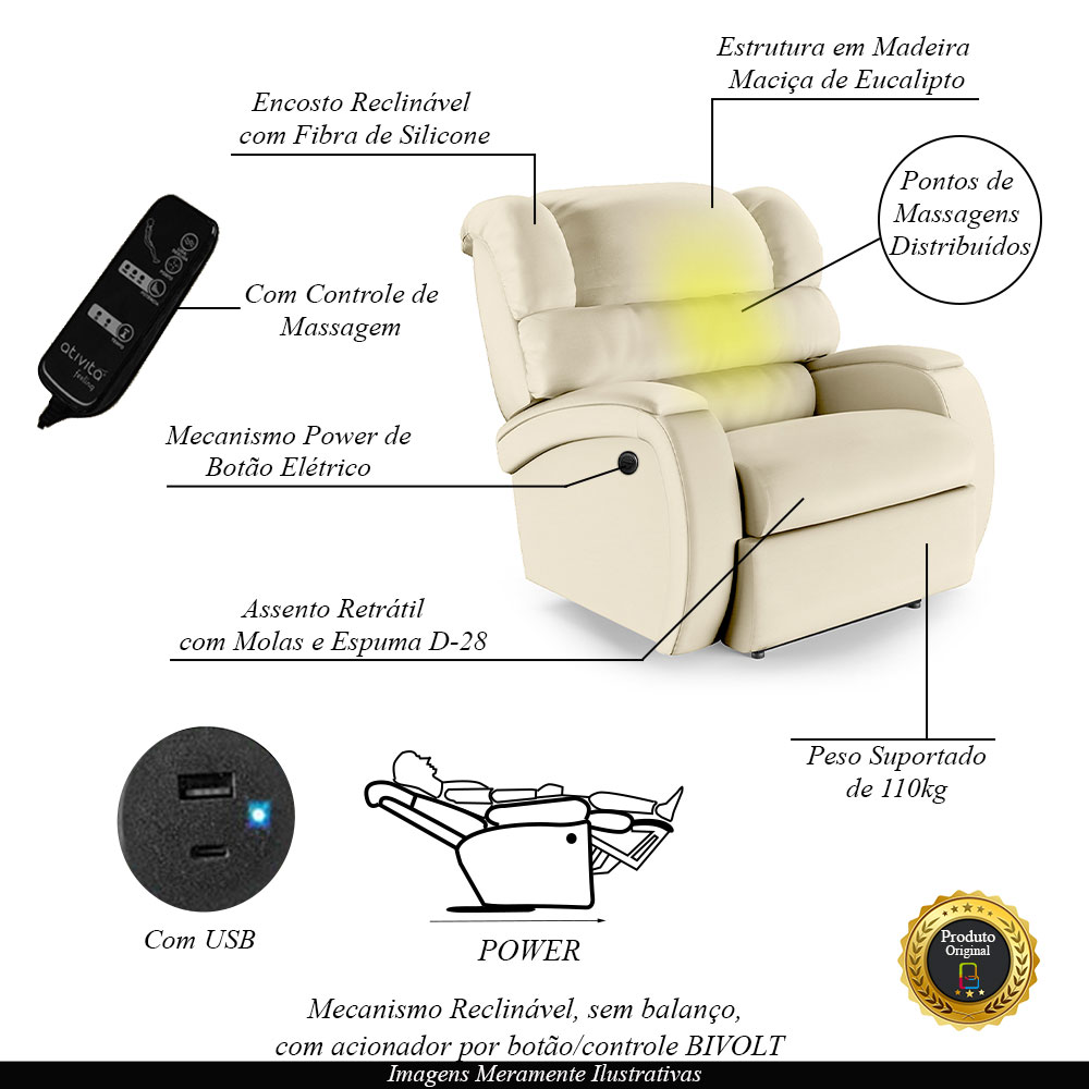 Poltrona do Papai Sala de Cinema Reclinável Kylie Power Elétrica Massagem USB PU Bege G23