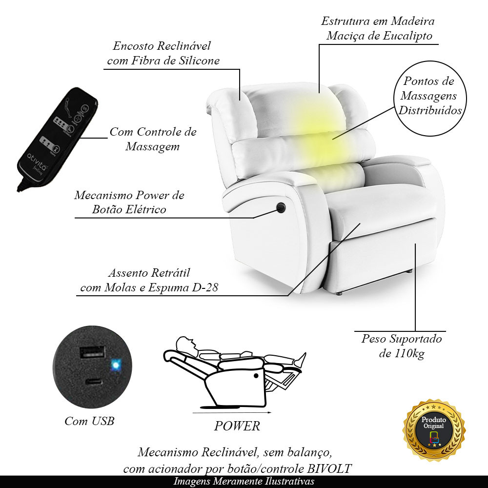 Poltrona do Papai Sala de Cinema Reclinável Kylie Power Elétrica Massagem USB PU Branco G23