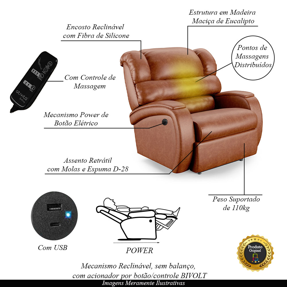 Poltrona do Papai Sala de Cinema Reclinável Kylie Power Elétrica Massagem USB PU Caramelo Brilho G23