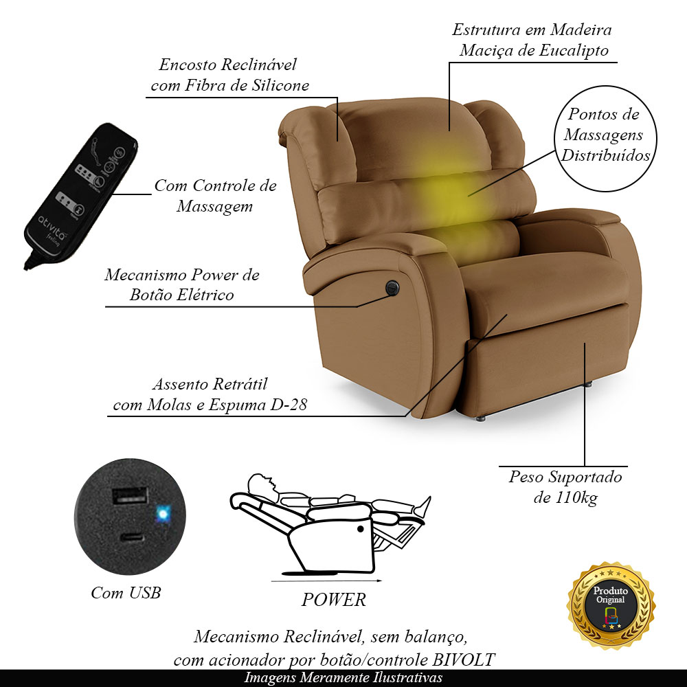 Poltrona do Papai Sala de Cinema Reclinável Kylie Power Elétrica Massagem USB PU Caramelo G23