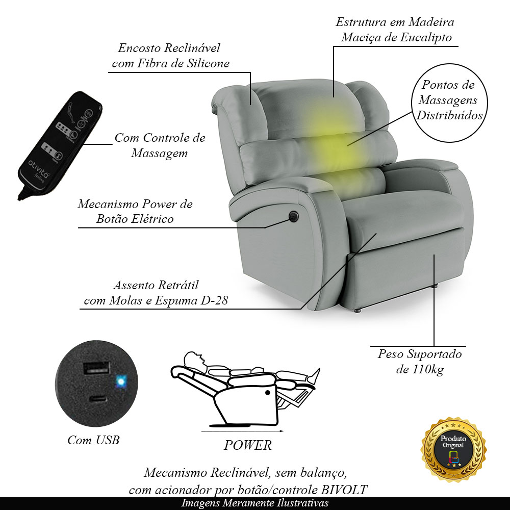 Poltrona do Papai Sala de Cinema Reclinável Kylie Power Elétrica Massagem USB PU Cinza G23