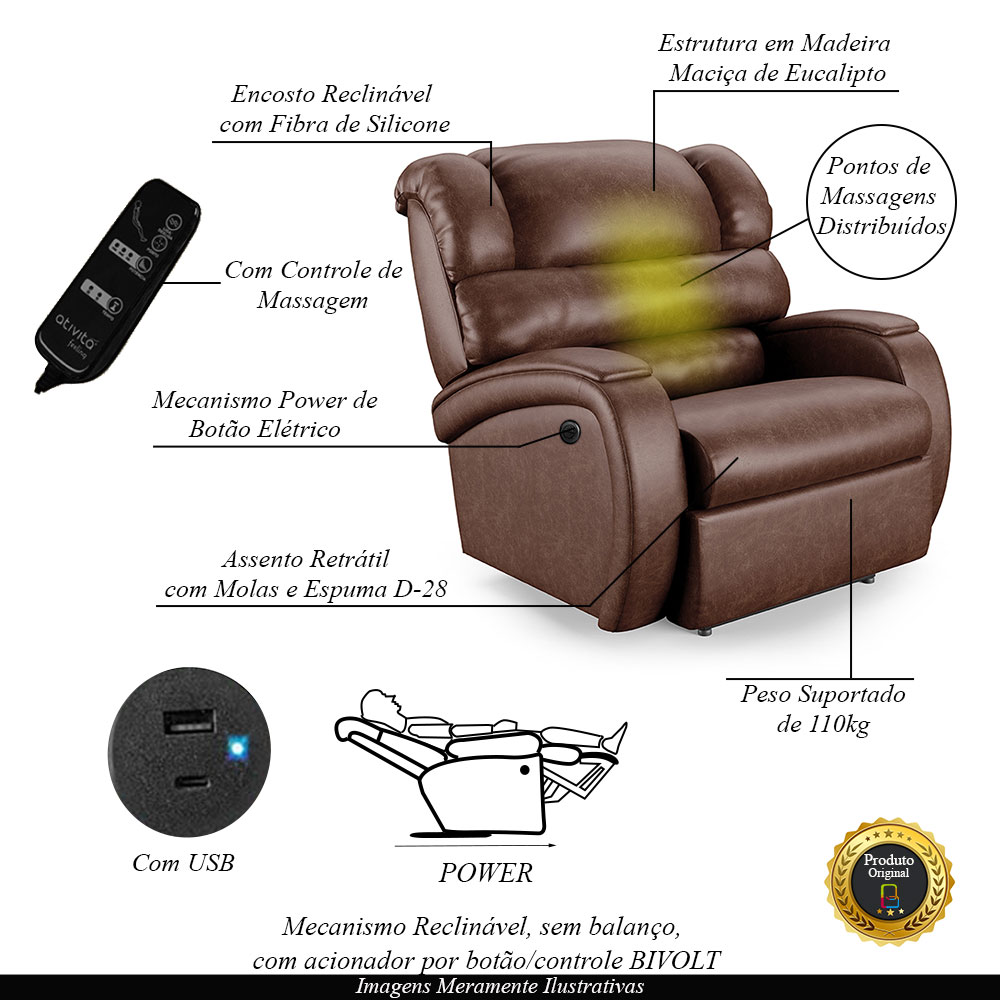 Poltrona do Papai Sala de Cinema Reclinável Kylie Power Elétrica Massagem USB PU Marrom Brilho G23