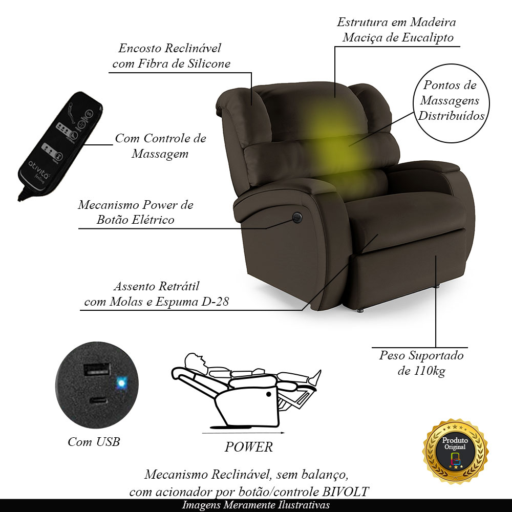 Poltrona do Papai Sala de Cinema Reclinável Kylie Power Elétrica Massagem USB PU Marrom G23