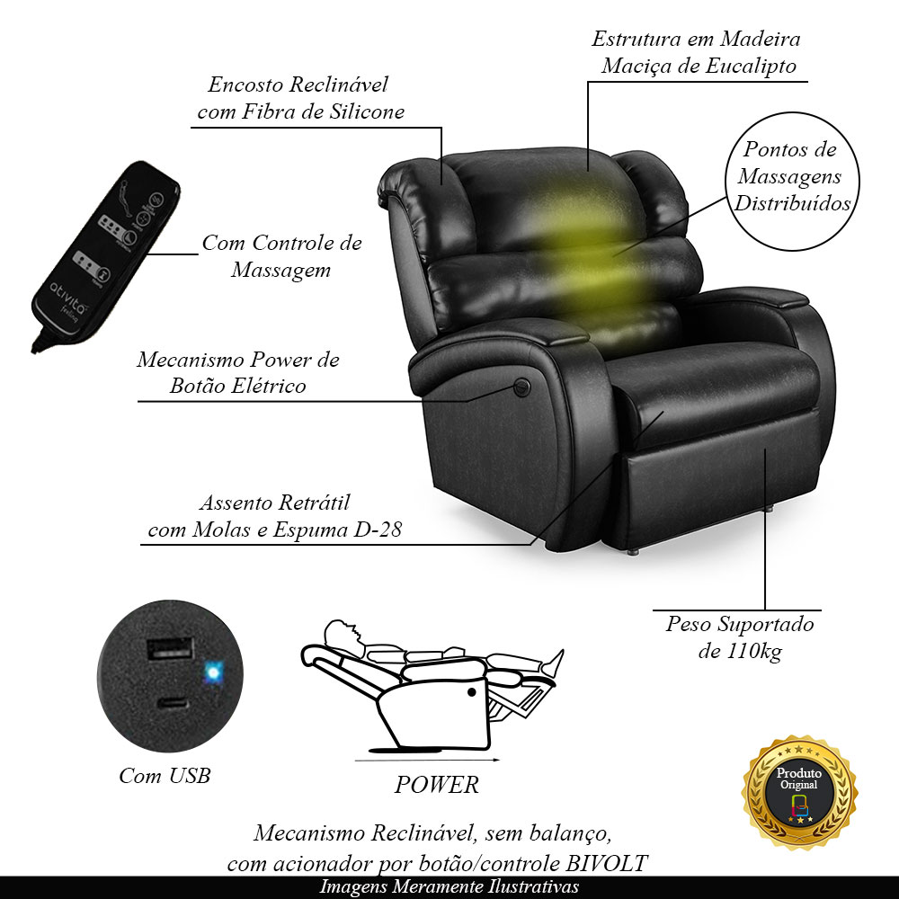 Poltrona do Papai Sala de Cinema Reclinável Kylie Power Elétrica Massagem USB PU Preto Brilho G23