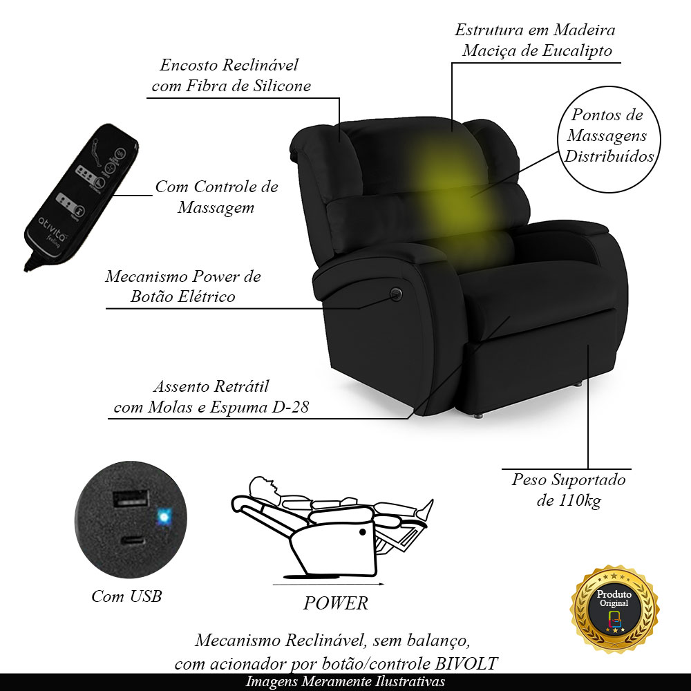 Poltrona do Papai Sala de Cinema Reclinável Kylie Power Elétrica Massagem USB PU Preto G23