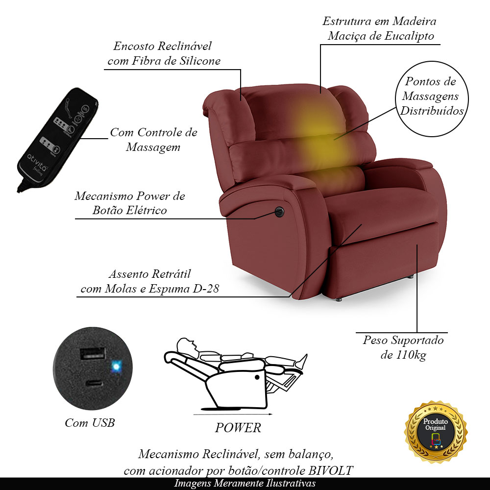 Poltrona do Papai Sala de Cinema Reclinável Kylie Power Elétrica Massagem USB PU Vermelho G23