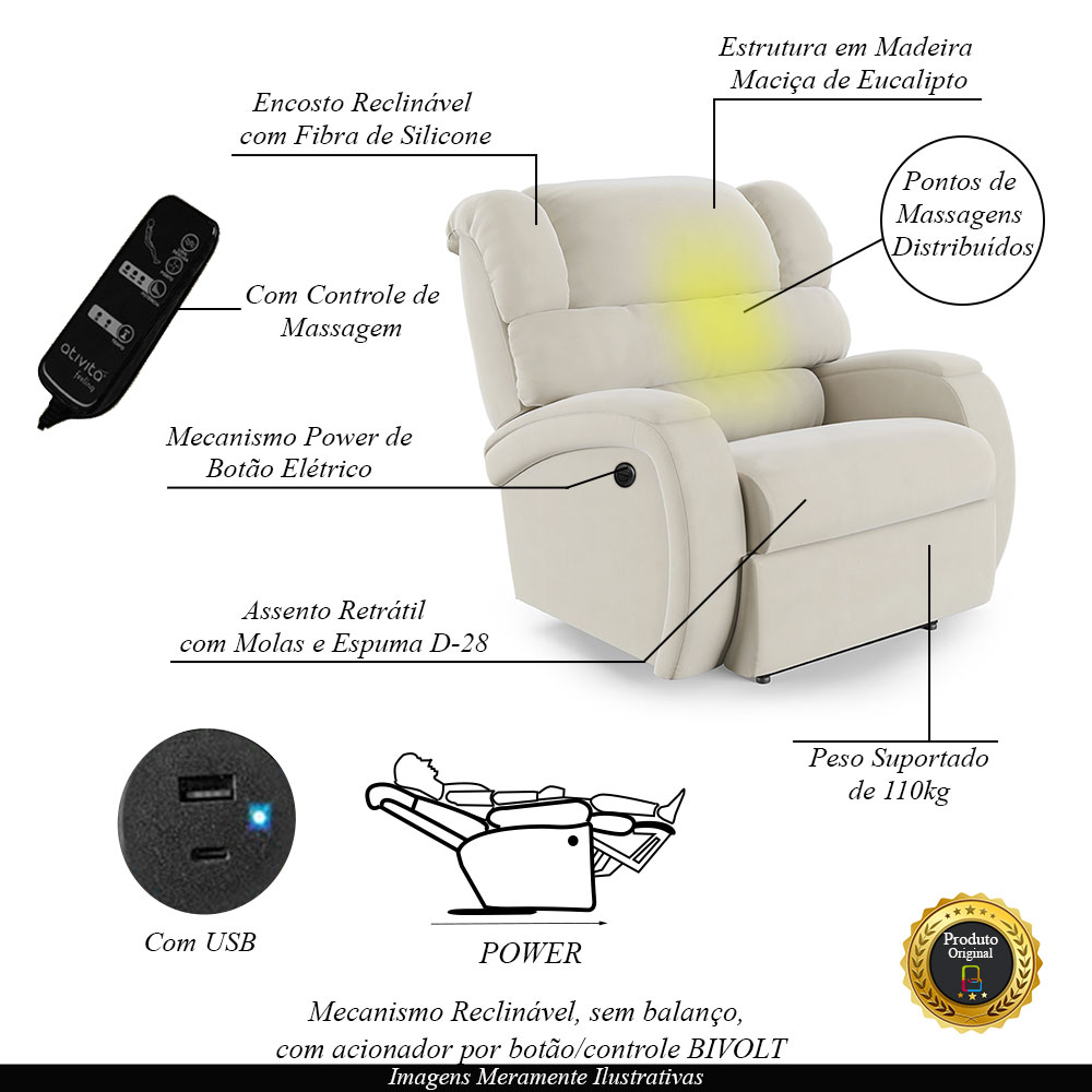 Poltrona do Papai Sala de Cinema Reclinável Kylie Power Elétrica Massagem USB Veludo Bege G23