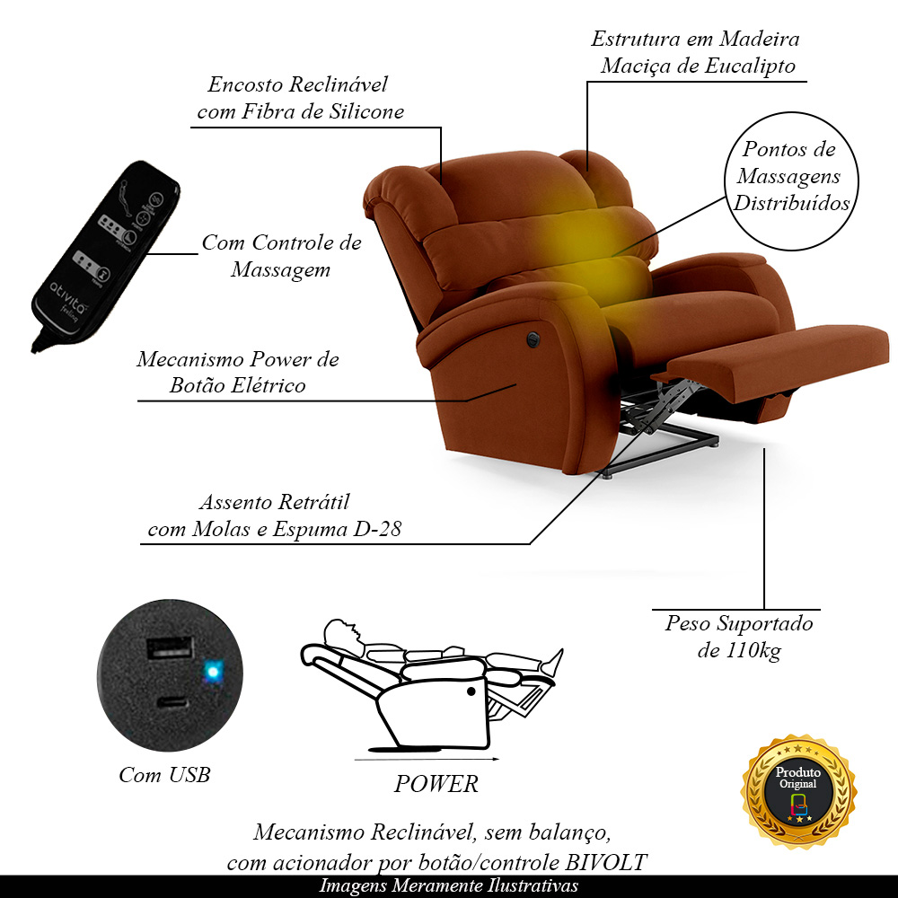 Poltrona do Papai Sala de Cinema Reclinável Kylie Power Elétrica Massagem USB Veludo Terracota G23