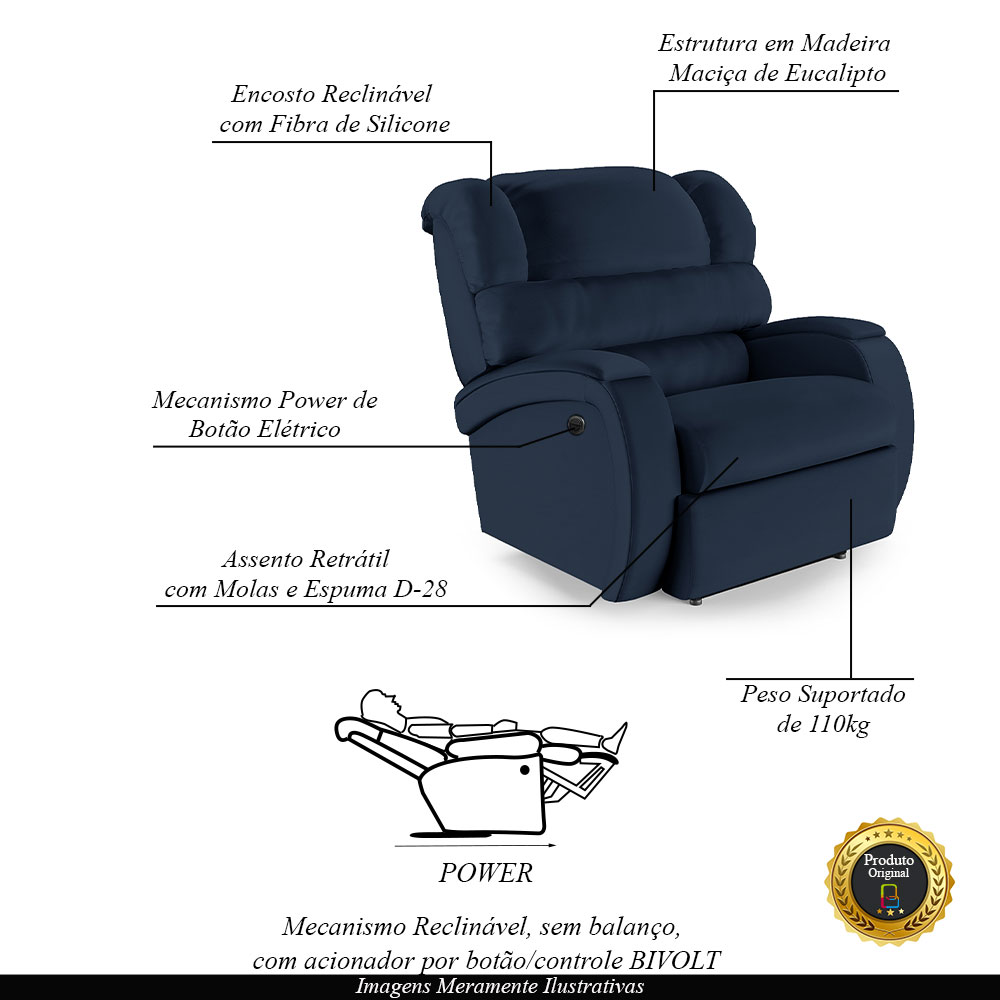 Poltrona do Papai Sala de Cinema Reclinável Kylie Power Elétrica PU Azul G23