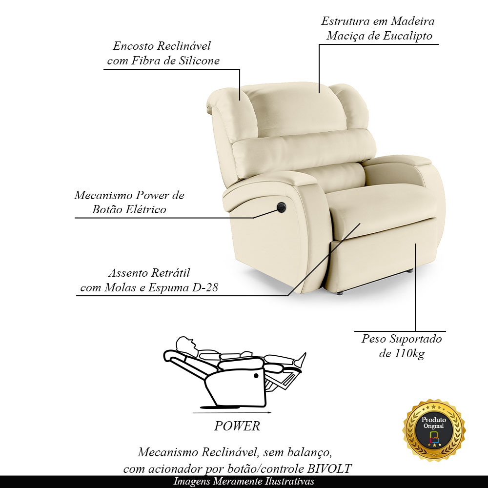 Poltrona do Papai Sala de Cinema Reclinável Kylie Power Elétrica PU Bege G23